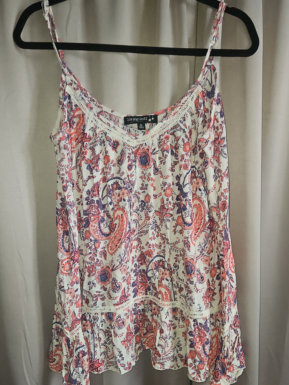 living doll Cream Paisley Spaghetti Strap Camisole with Pink & Purple Print